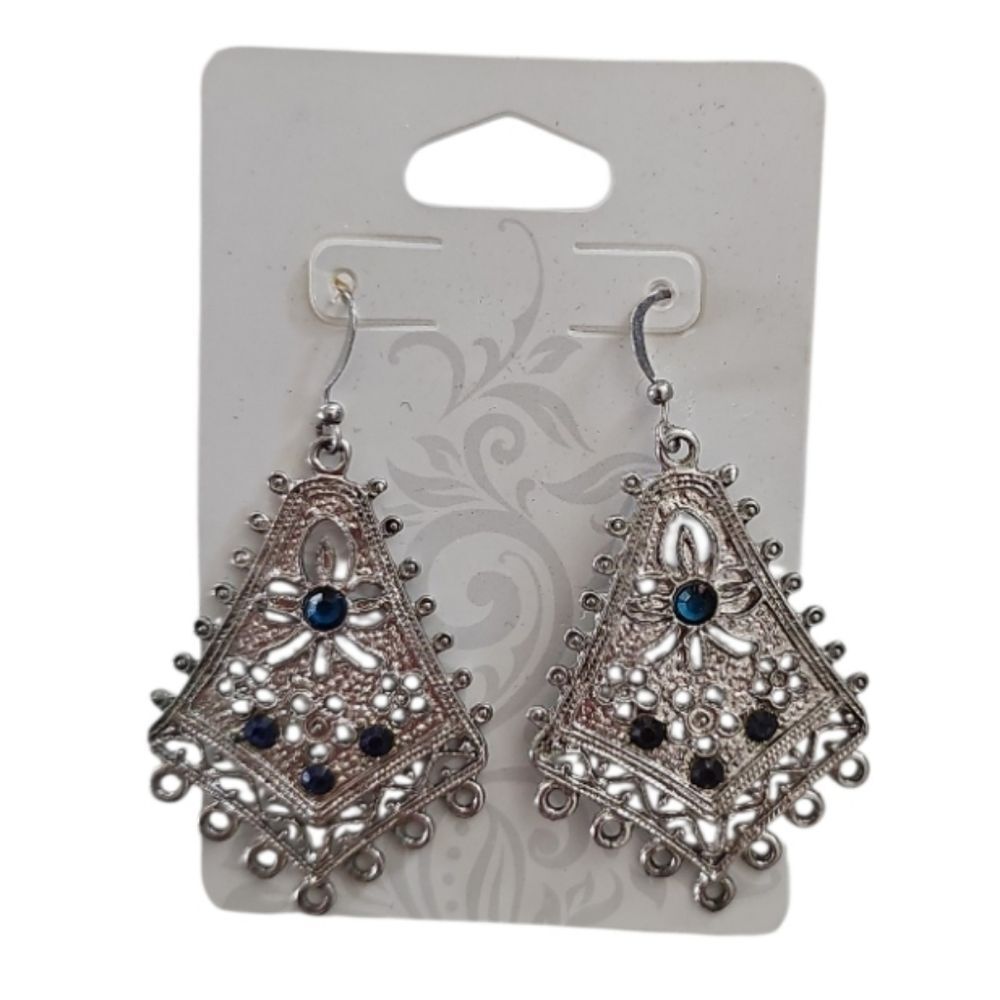 Silver Tone Filigree Dangle Earrings Blue Stone Boho Artisan Statement Ornate